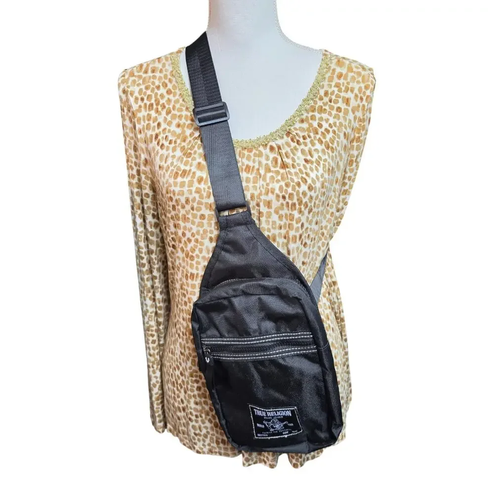 True Religion Jeans Black Sling Bag Crossbody Chest Pack Buddha Logo Travel 9x6